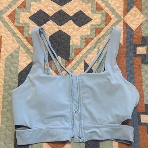 BuffBunny Light Blue Front-Zip Strappy Sports Bra